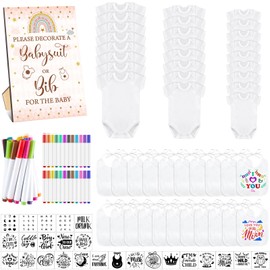 Panitay 100 Pcs Baby Bib Bodysuit Baby Shower Set Baby Shower Game Sign Baby Feeder Bib Newborn Bodysuit Fabric Marker(Boho)