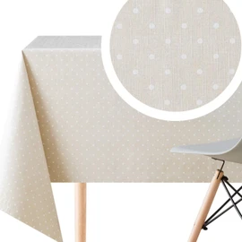 KP HOME Spotted Cream Polka Dot Design Wipe Clean Tablecloth Beige with White PVC Table Cover - Rectangle 200 x 140 cm - Wipeable Vinyl Plastic Table Cloth With Retro Polkadot