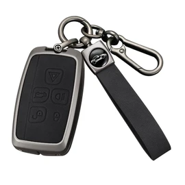 HIBEYO Key Fob Cover Compatible with Discovery 4 Range Rover LR4 Sport Evoque Freelander 2 Jaguar XE XF XJ F-Pace F-Type Key Case Leather& Zinc Alloy Accessories-Long Keychain Black