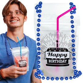 NeckSip Happy Birthday Wearable Drink Pouches (12oz, 2pk, Beads Blue) For Party Celebrations, Birthday Decorations, Memorable Gifts, and Creative Party Favors