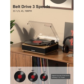 Vinyl Record Player Bluetooth Turntable with Built in Stereo Speakers Belt Drive 3 Speeds Turntables for Vinyl Records Support RCA Output, Aux in, Auto Stop Walnut Wood