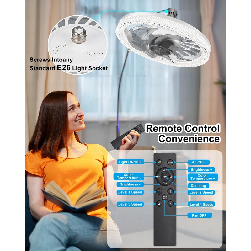 Ceiling Fans with Lights, Socket Fan Light with Remote Control,