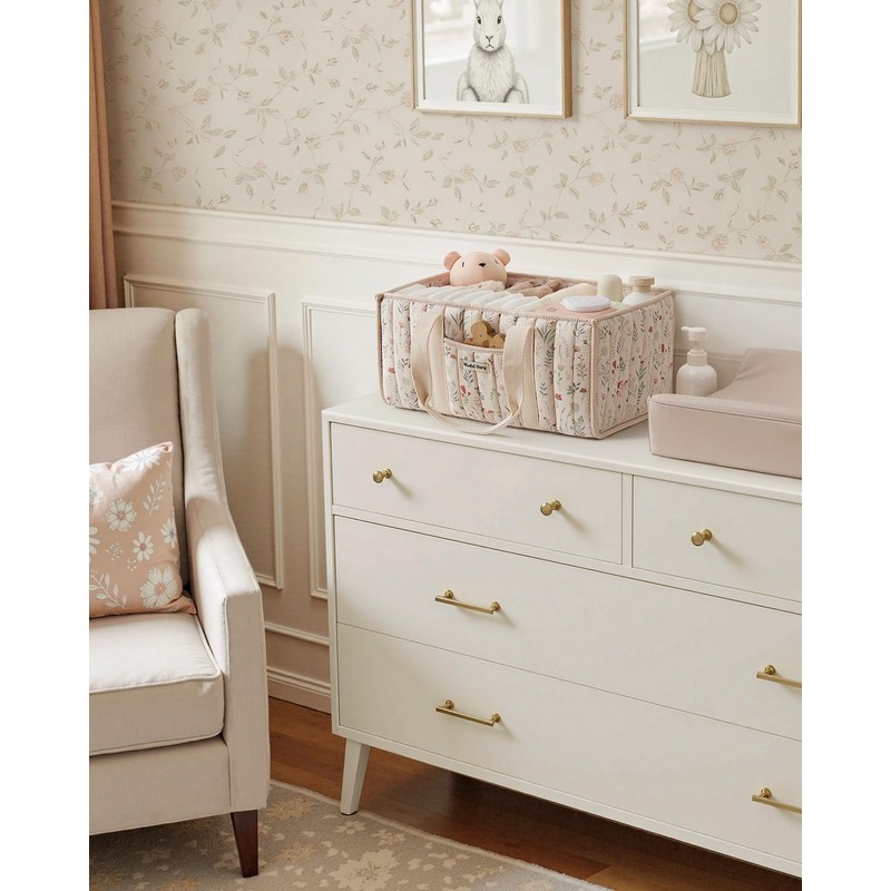Blissful Diary Floral Diaper Caddy Organizer, Stylish Nursery Storage Basket,