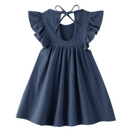 Dutebare Toddler Cotton Linen Dress Baby Girl Ruffle Sleeve Halter Kids Casual Summer Dresses Navy Blue 100