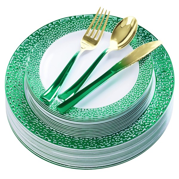 FOMOICA Lime Green Plastic Plates and Light Green Gold Silverware - 125 Pcs Disposable Premium Plastic Dinnerware Set – Reusable Dinner Plates Cutlery set – Birthday Parties, Halloween, Christmas