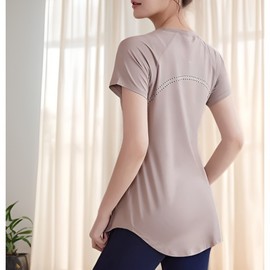 Enchic Women's Long Hip Cover Yoga Pilates Short Sleeve Training Workout Top Workout Wear Light Brown/XL