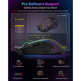 E-YOOSO Gaming Mouse, Tri-Modes Wireless/Bluetooth/Wired Rechargeable RGB Gamer Mouse with 2 Side Buttons, Rapid Fire Key, 8000 DPI, 6 Backlit Modes, 9 Programmable Buttons Macro