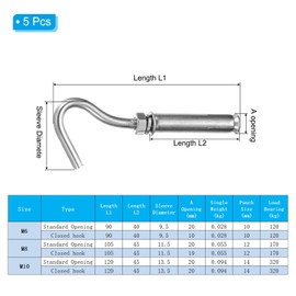 MECCANIXITY Concrete Wall Hook Expansion Hook Open Cup Screw M6*40mm 304 Stainless Steel for Indoor Outdoor Ceiling Concrete Walls Masonry, Pack of 5
