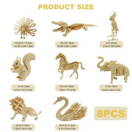 YunBey 3D Wooden Animal Puzzle Set - 8-Piece DIY Craft Set for Children & Adults, Educational Toy with Swan, Parrot, Squirrel, Peacock, Lion, Horse, Elephant & Crocodile