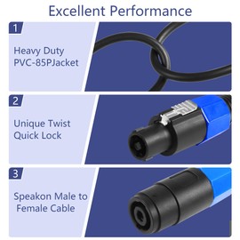 CERRXIAN Speakon Splitter Cable 1 Male to 2 Female Y Splitter Audio Speaker Cable for DJ/PA Speaker Copper Cord with Twist Lock 1.5FT