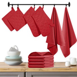 Native Fab 10-Piece Kitchen Set – Includes Oven Mitts, Potholders, Kitchen Towels & Dishcloths, Heat Resistant, 100% Cotton, Durable & Absorbent, Perfect for Cooking, Baking & Everyday Use - Red