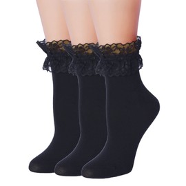ViViKi Women Ruffle Lace Ankle Socks, Cute Frilly Cotton Socks Girl Lolita Socks, 3 Paris (Black)
