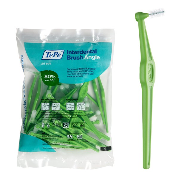 TEPE Interdental Brush Angle, Angled Dental Brush for Teeth Cleaning, Pack of 25, 0.8 mm, Large Gaps, Green, Size 5