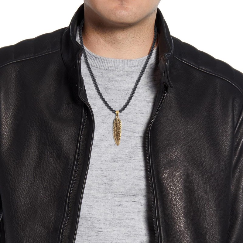 GAVU Mens Matte Onyx Pearl Feather Pendant Necklace, Stone, Onyx