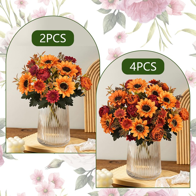2 Bunches Autumn Artificial Flowers Sunflowers Orange Fake Peony Bouquet