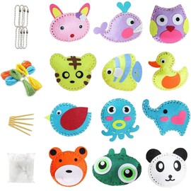 SoeUyd 12 Pieces Sewing Set Children, DIY Sewing Set Children, Forest Animal Sewing Set, Felt Sewing Set Children, with Filling Wadding, Plastic Needles, Filled Felt Plush Ornaments for Crafts