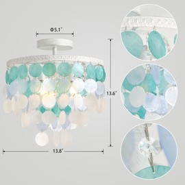 TRIBILLION 13.8" Natural Capiz Shell Chandelier 3 Light Mini Chandelier Boho Ceiling Light Entryway Light Fixture for Girls' Bedroom Hallway Living Room Dinning Room Brushed White Bulb Included