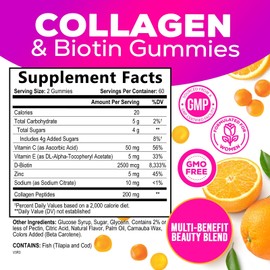 Collagen Gummies with 2500mcg Biotin, Vitamin C & Zinc - Hydrolyzed Collagen Peptide Type 1 & 3 Supplement - Advanced Hair, Skin & Nail Growth Support for Women & Men, Gluten Free, Non-GMO - 120 Count