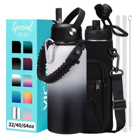 Metal Water Bottle 32 oz - Insulated Water Bottles Keep Cold 48H Hot 24H, Large Waterbottle with Strap, Straw & Spout Lid, Protective Boot, Wide Mouth Stainless Steel Thermo Jug Flask Sport Office