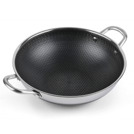 Hikaru 12.5” Wok Pan with Dual Honeycomb Wok Stainless Steel Wok Pan with Nonstick Coating, Frying Pans Cookware, Two Handles,Works with Induction ,Gas, Electric, Ceramic Furnace Stove, Without Lid