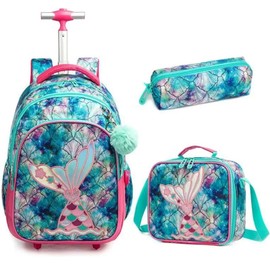 Girls Rolling Backpack for School Kids Wheeled Bookbag Set with Lunch Box Primary School Carry On Luggage with Wheels for Elementary Students Mermaid Daypack for Travel (12802T-3 Mermaid)