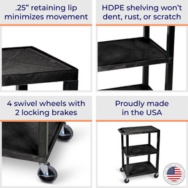 Stand Steady Tubstr Compact 3 Shelf Utility Cart | Made in USA | Easy-Load Flat Shelves Hold Up to 300 lbs | Space-Saving Storage Cart & Rolling Tool Cart for School, Office, Garage (24 x 18in/Black)