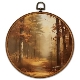 BCUANGD Vintage Fall Round Wall Art Decor - Retro Autumn Moody Forest Wall Art Canvas Frame Artwork Prints, Rustic Cottagecore Nature Round Wall Hanging Decorations for Home Farmhouse, 10"x10"