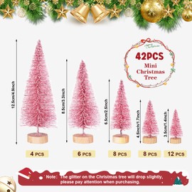 42Pcs Mini Sisal Trees with Wood Base Pink Artificial Christmas Pine Trees Ornaments for Winter Snow Miniature Scenes DIY Christmas Crafts Xmas Holiday Home Desk Tabletop Decor (42Pcs Pink-Mix Size)