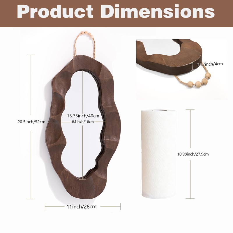 Handcrafed Rustic Wood Framed Wall Mirror, Wavy Irregular Oval Shape