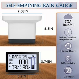 Wireless Rain Gauge Outdoor, Self-Emptying Digital Rain Gauges Outdoors Best Rated, Electronic Rain Measure Gauge for Garden, Freeze Proof Rain Gauge with Thermometer, Remote Rain Meter for Yard