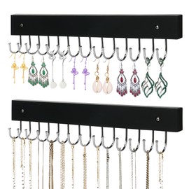 AnDock Necklace Holder Wall Mounted Jewelry Organizer - 2 Pack Wooden with 28 Hooks, Hanging Earring & Ring Bracelet Storage, Decorative Space-Saving Jewelry Display (Black)