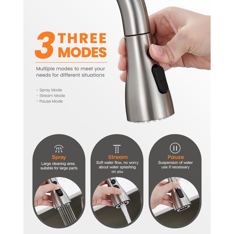 TIORIY 3 Hole Kitchen Faucet with Pull Down Sprayer, Brushed