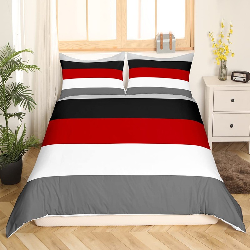 Red Black Stripes Single Comforter Cover Patchwork Geometric Striped Bedding