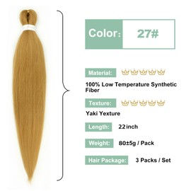 27 Honey Blonde Braiding Hair Pre stretched 22 Inch 3 Packs Yaki Texture Hot Water Setting Hair Extensions for Box Braids