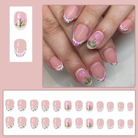 YEFIUO Spring Oval Press On Nails Short - 24 Pcs Pink Extra Short Oval Almond Fake Nails Press ons,White French Nail Tip Acrylic Nail Kit,Artificial Acrylic False Nails with Flowers Design for Women