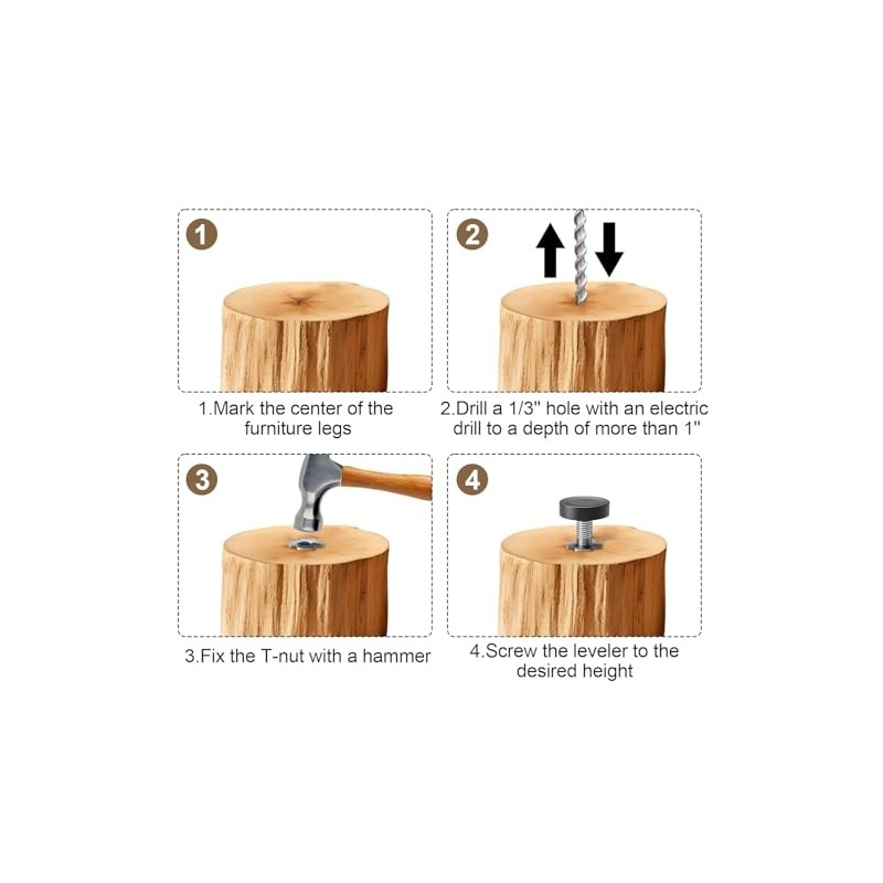AHCUTE Furniture Leveling Feet with T-Nuts, 12 Pack, 1/4 Inch