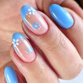 MISUD Press on Nails - Short Oval Fake Nails with Blue French Tip, Acrylic Summer Flower Design 24 pcs