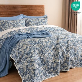 PHF Floral Patchwork Quilt Set Queen Size, 3 Pieces Reversible Lightweight Quilted Bespread for All Season, Ultra Soft Boho Coverlet Bedding Set 90" x 96"with 2 Pillow Shams, Cornflower