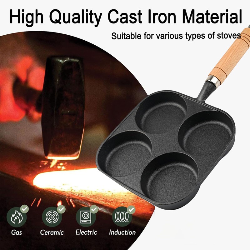 JUSTUP Nonstick Frying Pan,4-Cup Cast Iron Egg Pan Divided Grill