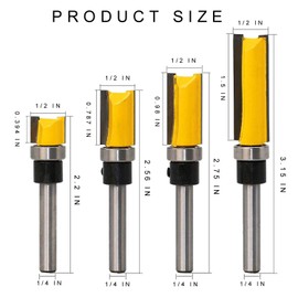 1/4 Inch Shank Pattern Flush Trim Router Bit Set - Carbide Template Top Bearing Router Cutter, 4 Sizes Straight Hinge Mortising Wood Milling Cutter Router Bit Tool for Woodworking Light Work