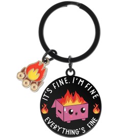 INCOK Pink Dumpster Fire Keychain - It's Fine I'm Fine Everything Office Keyring Funny Garbage Fire Key Chain Birthday Gifts for Women Bosses Manager Coworkers