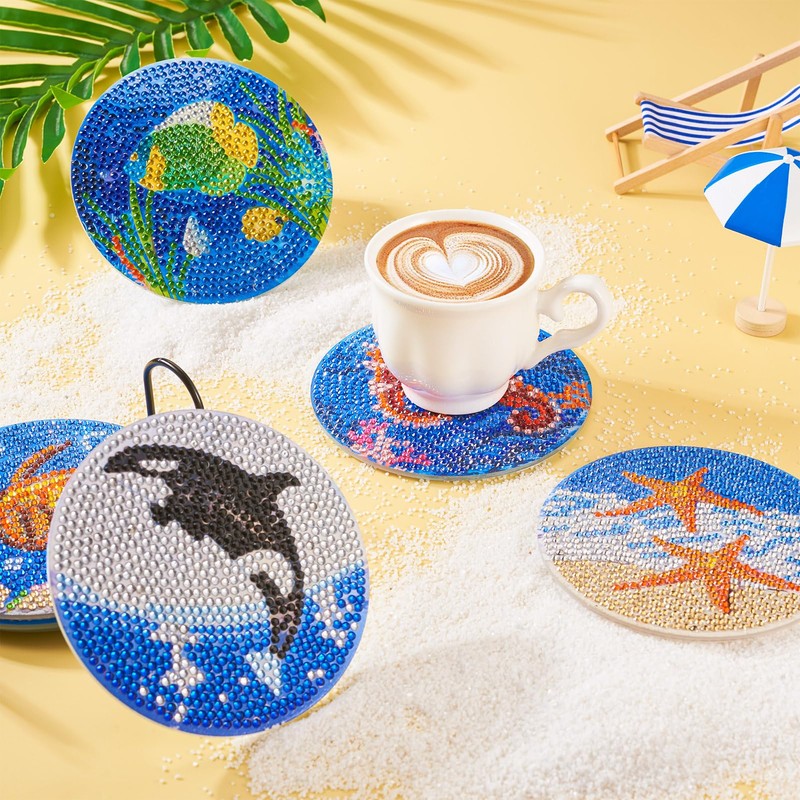Beadthoven 8 Pieces Diamond Painting Coasters with Holder, Nightfall Ocean