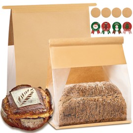 Heavy Duty Large Paper Bread Bags with Tin Tie Tab Lock 50pcs, Loaf Bag with Clear Front Window, Storage Packaging Treat Bag for Bakery Cafe Homemade Bread 10.6” × 4.3” × 8.7”