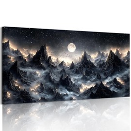 SERIMINO Large Wall Art for Living Room, Mountain Landscape Wall Decor, Fantasy Abstract Art Prints, Moonlit Night Black Canvas Painting, Cool Modern Pictures Home Decor for Bedroom 30"X60"