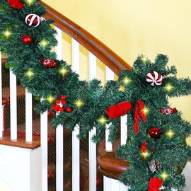 MorTime 2 Pack 9 FT LED Christmas Garland with Pinecones Red Berries Bows Christmas Balls Candies, Multi-Function Christmas Garland with 50 Warm White LED Lights, 180 Branch Tips