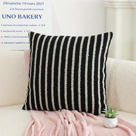 Jonhier Black Striped Boho Throw Pillow Cover, Modern Boucle Textured Square Pillowcase for Sofa Couch Bed, Neutral Farmhouse Accent Decorative Cushion Cover for Living Room Bedroom, 18 x 18 inch