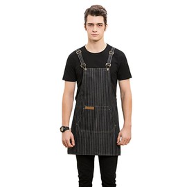 JOYAIYI Denim Apron Chef Apron Kitchen Apron Cross-Back Bib Apron,for Men and Women,with 2 Pockets,Adjustable (Black stripe)