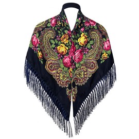 Russian Style Muffler Warm Scarf with Tassel Women's Traditional Scarf Wrap Shawl Fringes Printing Cape (Dark Blue)