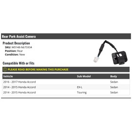 Marketplace Auto Parts Rear Park Assist Camera - Compatible with 2014-2017 Honda Accord Sedan