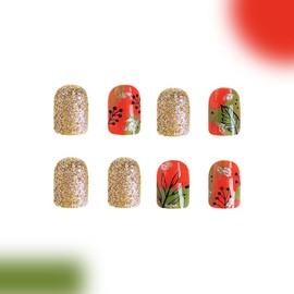 Square Press on Nails Short Square Fake Nails with Leaves Designs Golden Glitter Glue on Nails Red Green Full Cover False Nails Acrylic Stick on Nails for Women Girls 24 Pcs